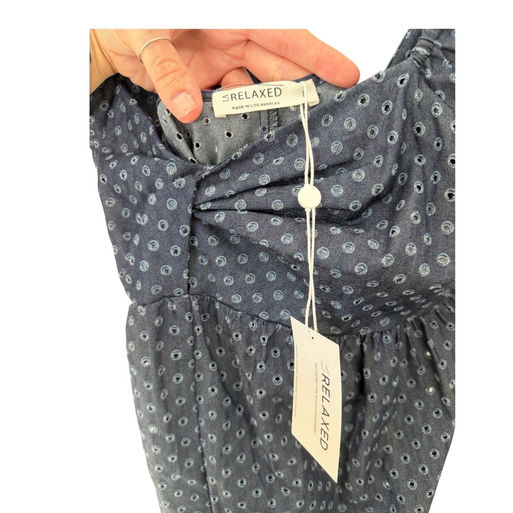 LA Relaxed Navy Blue Eyelet Denim Mini Dress Tie Front Cutout Back Size L NWT - Picture 3 of 3